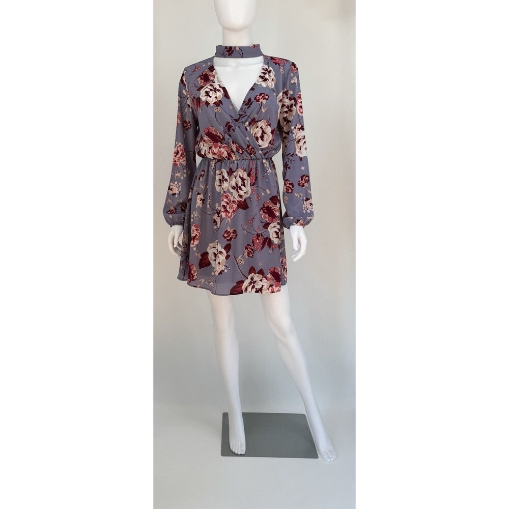 Charlotte Russe Dress Choker Purple Floral Puffy Sleeves Low Cut Size S Small